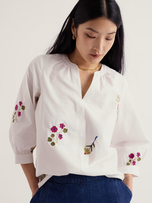Seasalt Women's Grace Embroidered Organic Cotton Top In Flora Embroidery Chalk