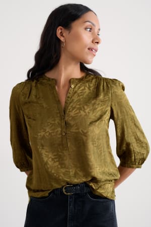 Seasalt Women's Willow Path Printed Shirt In Paper Birds Jacquard Bright Olive