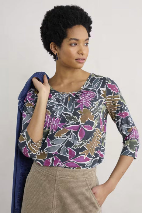 Seasalt Women's  Appletree 3/4 Sleeve Top In Inked Foliage Onyx