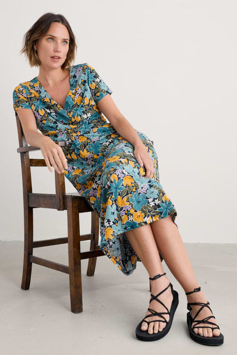 Seasalt Women's Chapelle Dress in GOTS-Certified Organic Cotton Jersey In Citrus Floral Poseidon
