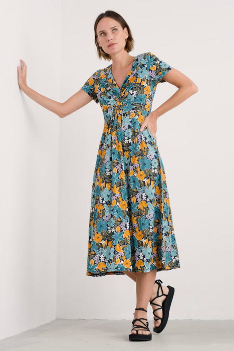 Seasalt Women's Chapelle Dress in GOTS-Certified Organic Cotton Jersey In Citrus Floral Poseidon