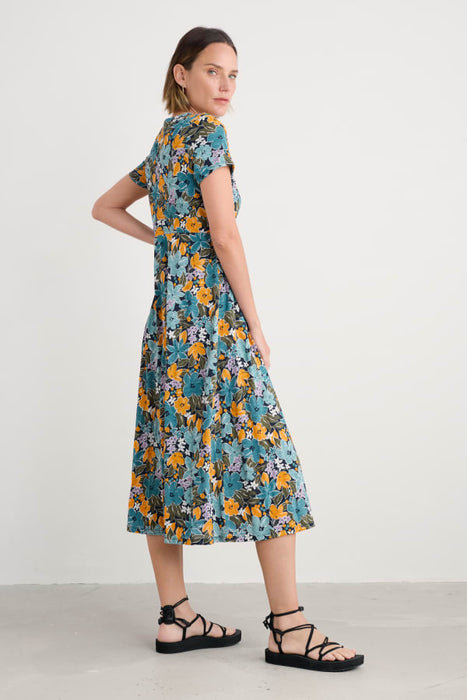 Seasalt Women's Chapelle Dress in GOTS-Certified Organic Cotton Jersey In Citrus Floral Poseidon