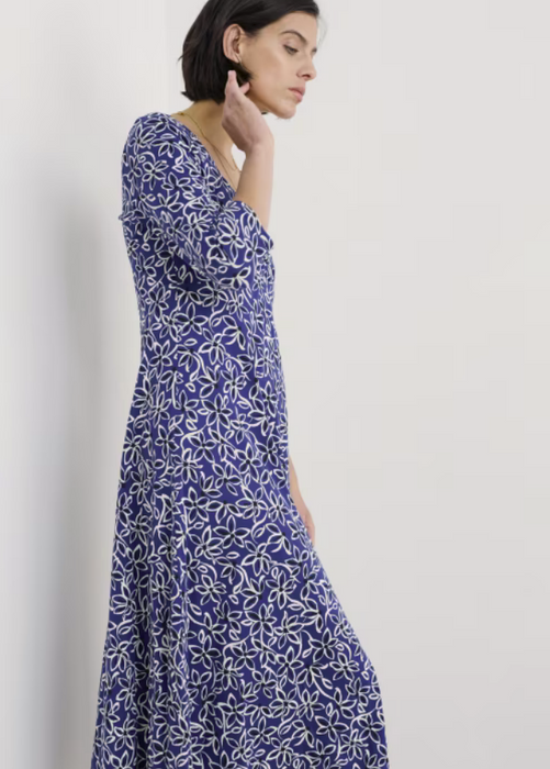 Seasalt Women's Secret Cove 3/4 Sleeve Midi Dress In Harbour Floral Washed Marine
