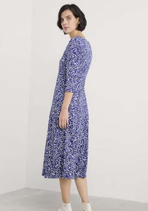 Seasalt Women's Secret Cove 3/4 Sleeve Midi Dress In Harbour Floral Washed Marine