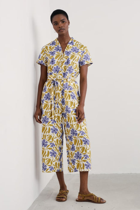 Seasalt Women's Treen Cove Linen Jumpsuit In Leafy Floral Chalk Pear