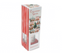 A boxed candle labeled 'Cinnamon Spice' with red-and-white vertical stripes on the left side and a holiday village illustration on the front, shown on a plain white background.