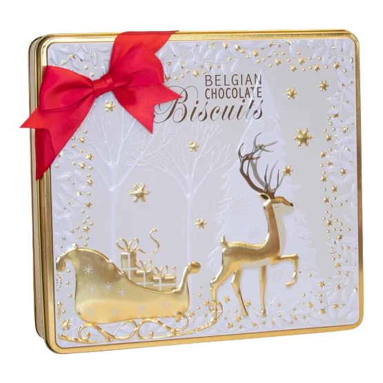 Silver Crane Co Gold & White Reindeer Belgian Chocolate Christmas Biscuits Tin