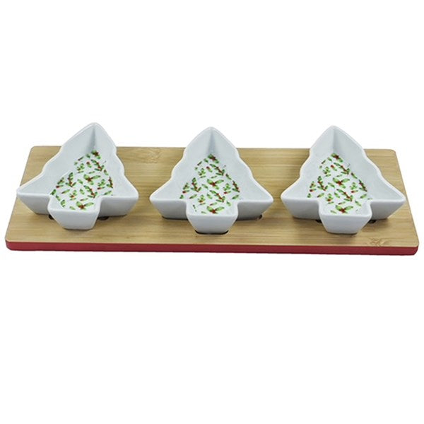 3 Tree Shaped Dishes On Wood Tray