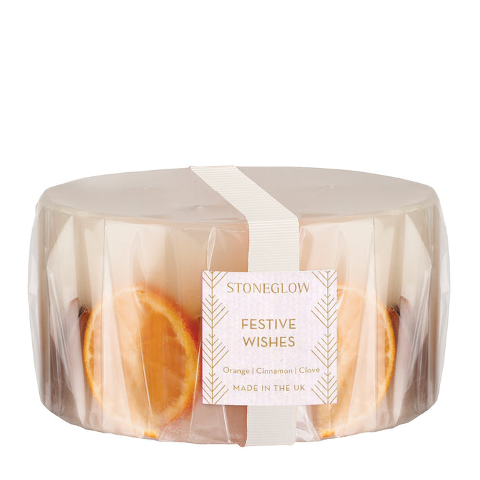 Stoneglow Seasonal Collection Festive Wishes 3-Wick Botanical Pillar Scented Candle