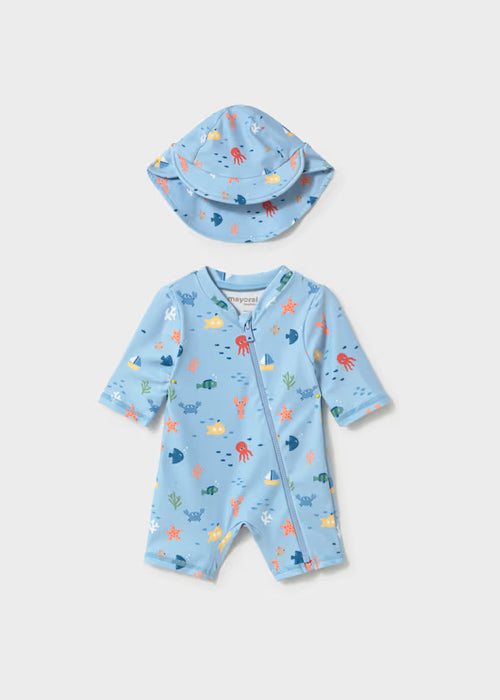 Mayoral Layette Boys Blue Bathing Bodysuit With Hat