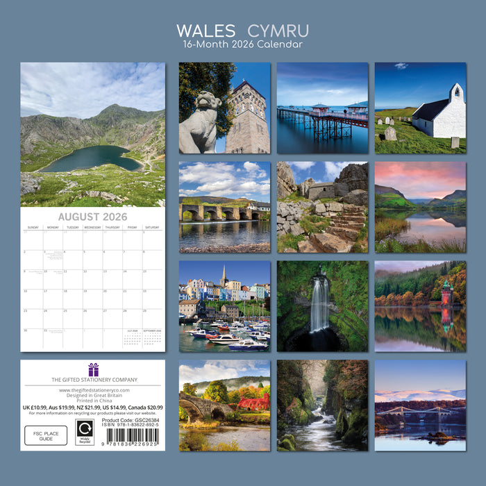 The Gifted Stationery Company 2026 Square Wall Calendar - Wales