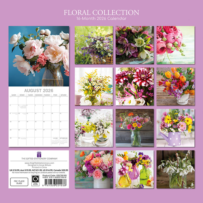The Gifted Stationery Company 2026 Square Wall Calendar - Floral Collection
