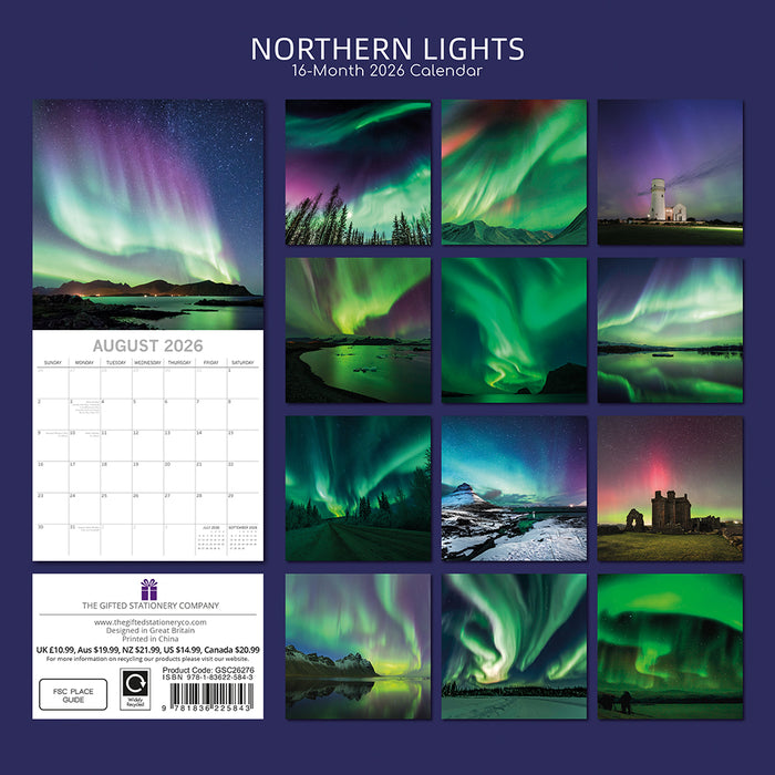 The Gifted Stationery Company 2026 Square Wall Calendar - Northern Lights
