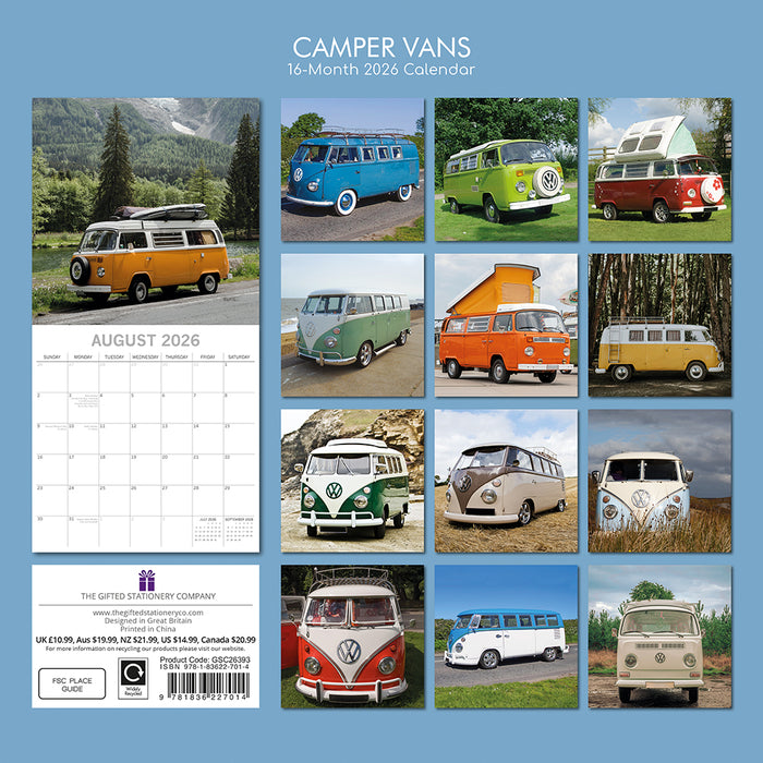 The Gifted Stationery Company 2026 Square Wall Calendar - Camper Vans