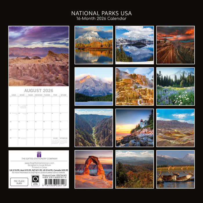 The Gifted Stationery Company 2026 Square Wall Calendar - National Parks USA