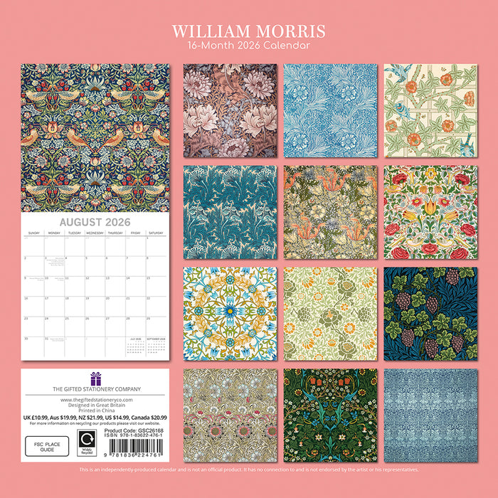 The Gifted Stationery Company 2026 Square Wall Calendar - William Morris