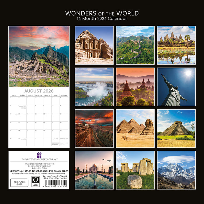 The Gifted Stationery Company 2026 Square Wall Calendar - Wonders of the World