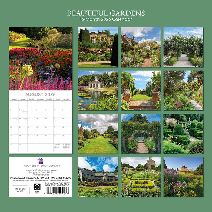 The Gifted Stationery Company 2026 Square Wall Calendar - Beautiful Gardens