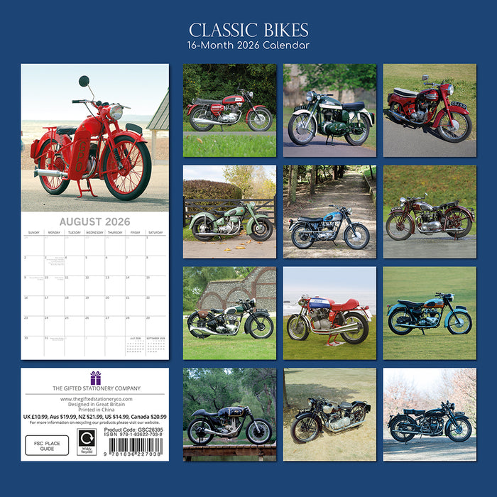 The Gifted Stationery Company 2026 Square Wall Calendar - Classic Bikes