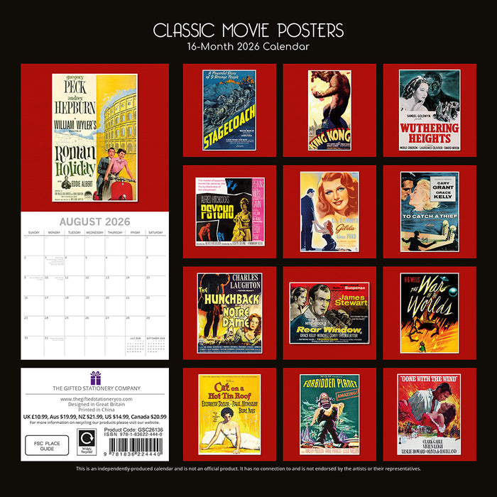 The Gifted Stationery Company 2026 Square Wall Calendar - Classic Movie Posters