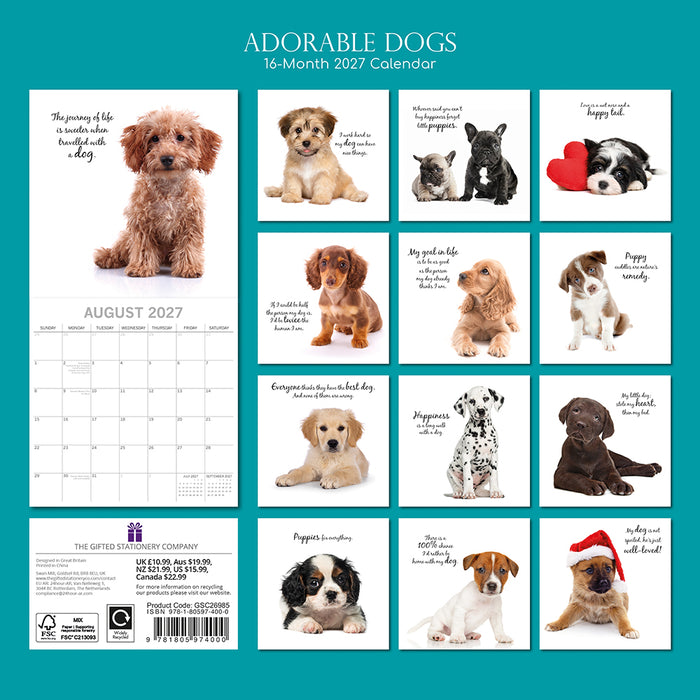 The Gifted Stationery Company 2027 Square Wall Calendar - Adorable Dogs