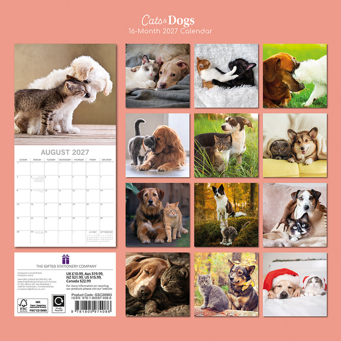The Gifted Stationery Company 2027 Square Wall Calendar - Cats & Dogs