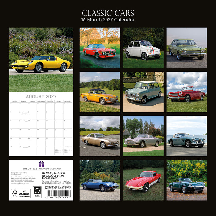 The Gifted Stationery Company 2027 Square Wall Calendar - Classic Cars