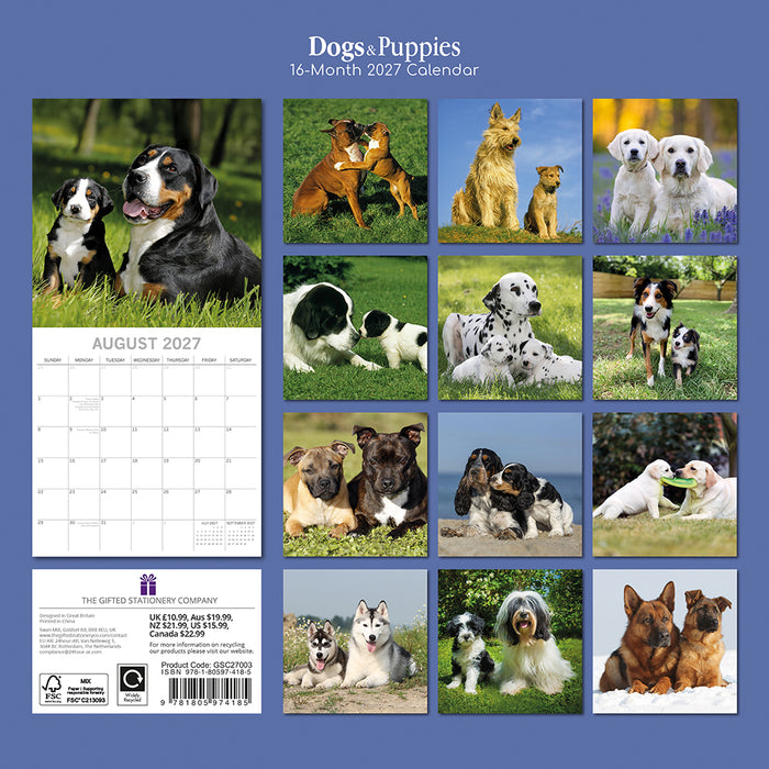 The Gifted Stationery Company 2027 Square Wall Calendar - Dogs & Puppies