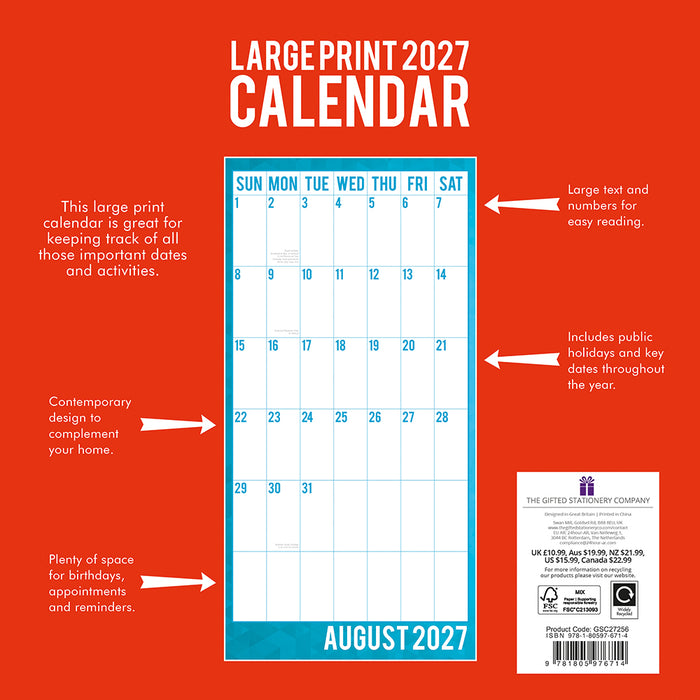 The Gifted Stationery Company 2027 Square Wall Calendar - Large Print Calendar