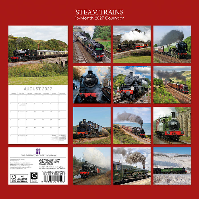 The Gifted Stationery Company 2027 Square Wall Calendar - Steam Trains