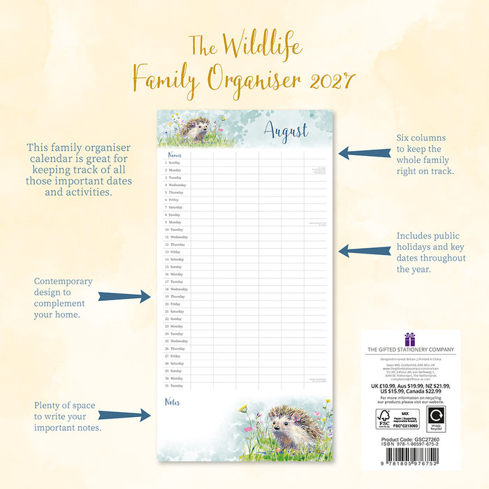 The Gifted Stationery Company 2027 Square Wall Calendar - The Wildlife