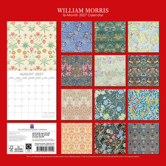 The Gifted Stationery Company 2027 Square Wall Calendar - William Morris