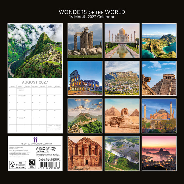 The Gifted Stationery Company 2027 Square Wall Calendar - Wonders Of The World