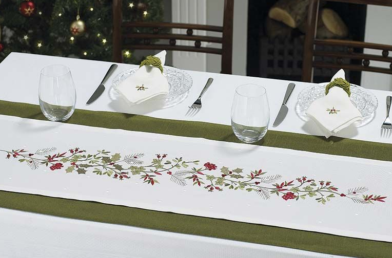 Walton & Co Embroidered Holly Berry White Table Runner