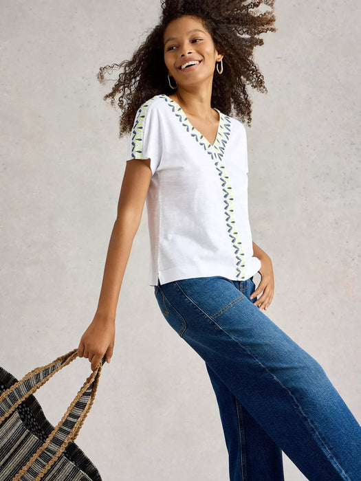 White Stuff Women's Neva Embroidered V Neck Top In White Multi