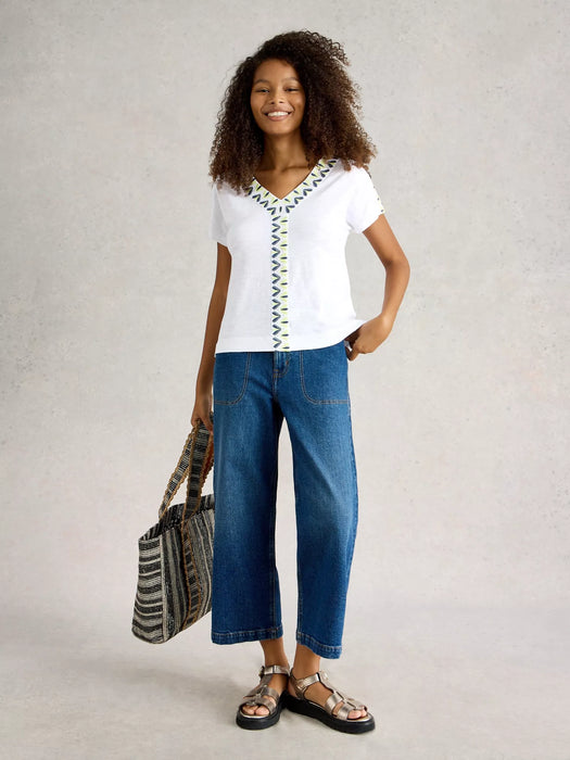 White Stuff Women's Neva Embroidered V Neck Top In White Multi