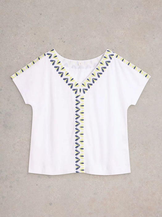 White Stuff Women's Neva Embroidered V Neck Top In White Multi