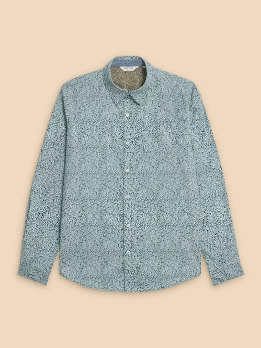 White Stuff Men's Teal Print Basil Leaf Printed Shirt