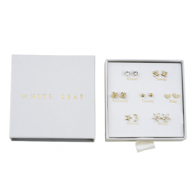 White Leaf 7 Day Box Set Earrings 18kt Gold Plate