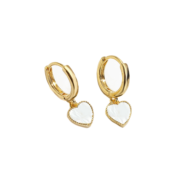 White Leaf Heart Charm Huggie Earrings Mother Of Pearl And Gold