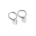Pair of silver hoop earrings with heart charms on a white background