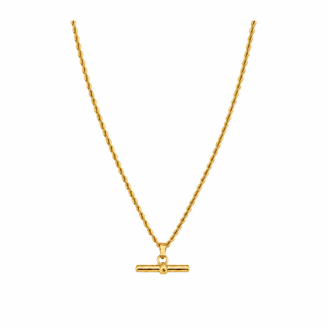 White Leaf Rope Chain T-Bar Necklace 18kt Gold Plate
