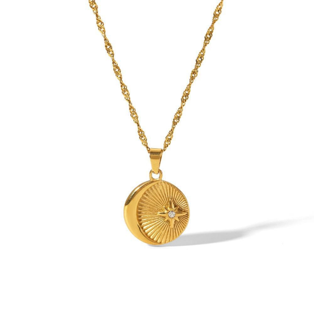 White Leaf Star & Moon Disc Necklace 18kt Gold Plate
