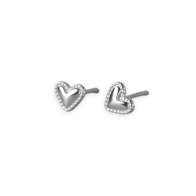 A pair of silver heart stud earrings with a textured center and a border of small clear stones, shown on a plain white background.
