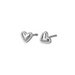 A pair of silver heart stud earrings with a textured center and a border of small clear stones, shown on a plain white background.
