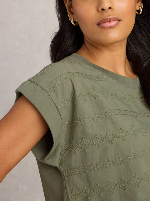 White Stuff Women's Betty Broderie Tee In Khaki Green
