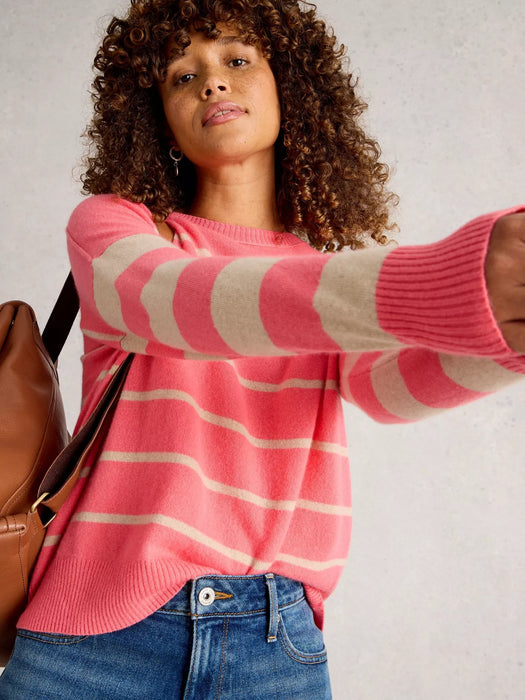 White Stuff Women's Stripe Crew Cashmere Jumper In Coral Multi