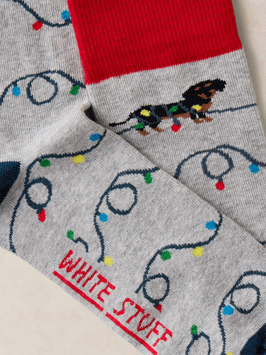 White Stuff Men's 2 Pack Christmas Dog Sock In Grey Multi