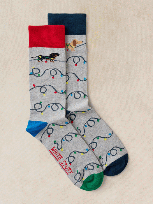 White Stuff Men's 2 Pack Christmas Dog Sock In Grey Multi