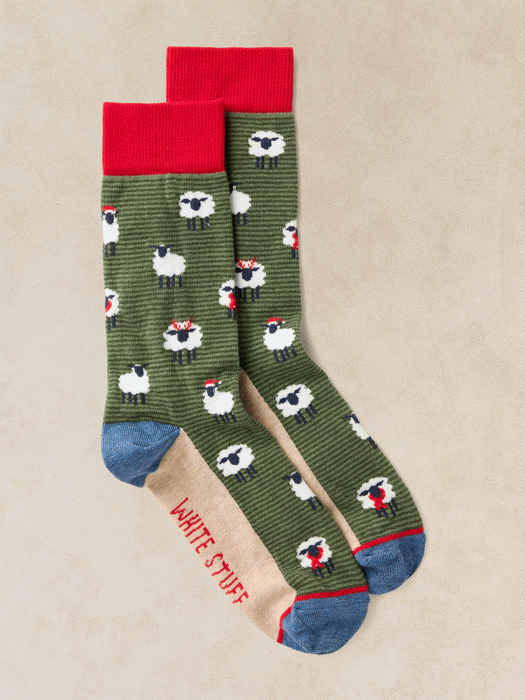 White Stuff Men's Christmas Sheep Ankle Sock In Green Multi